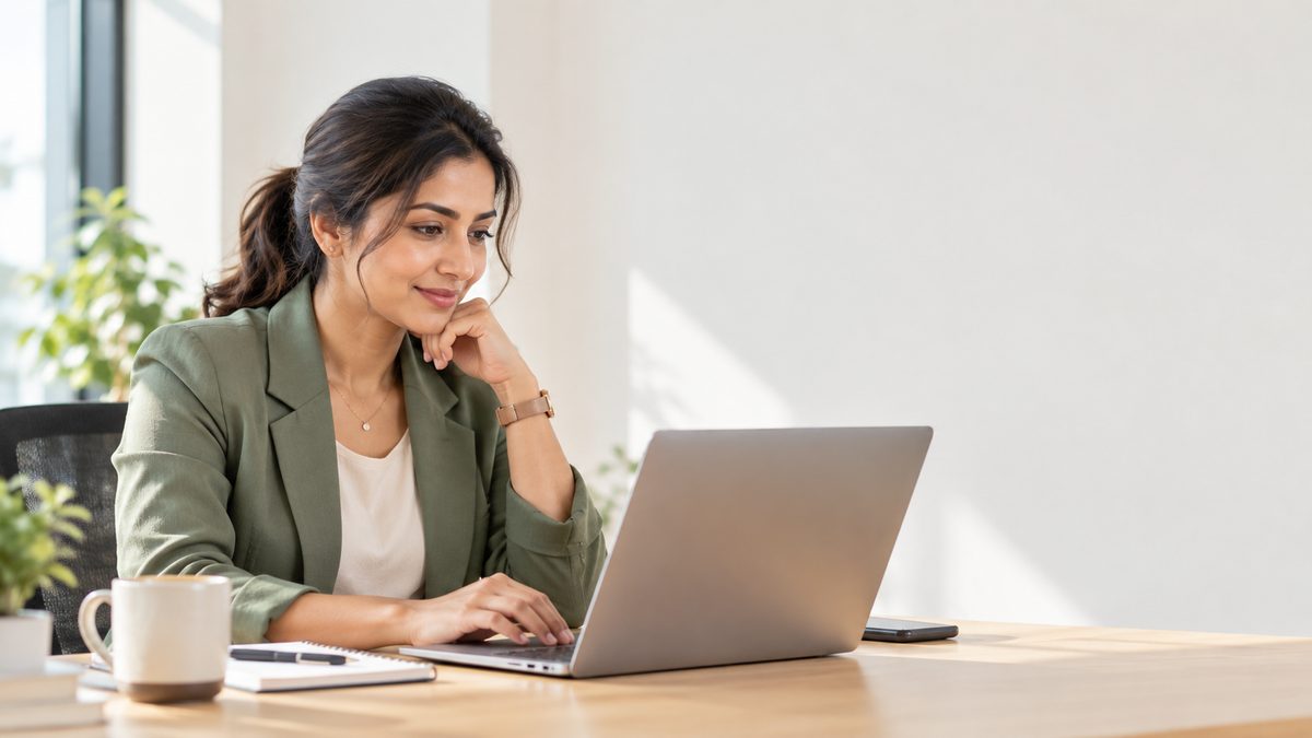 A woman working on her laptop at a sunny desk